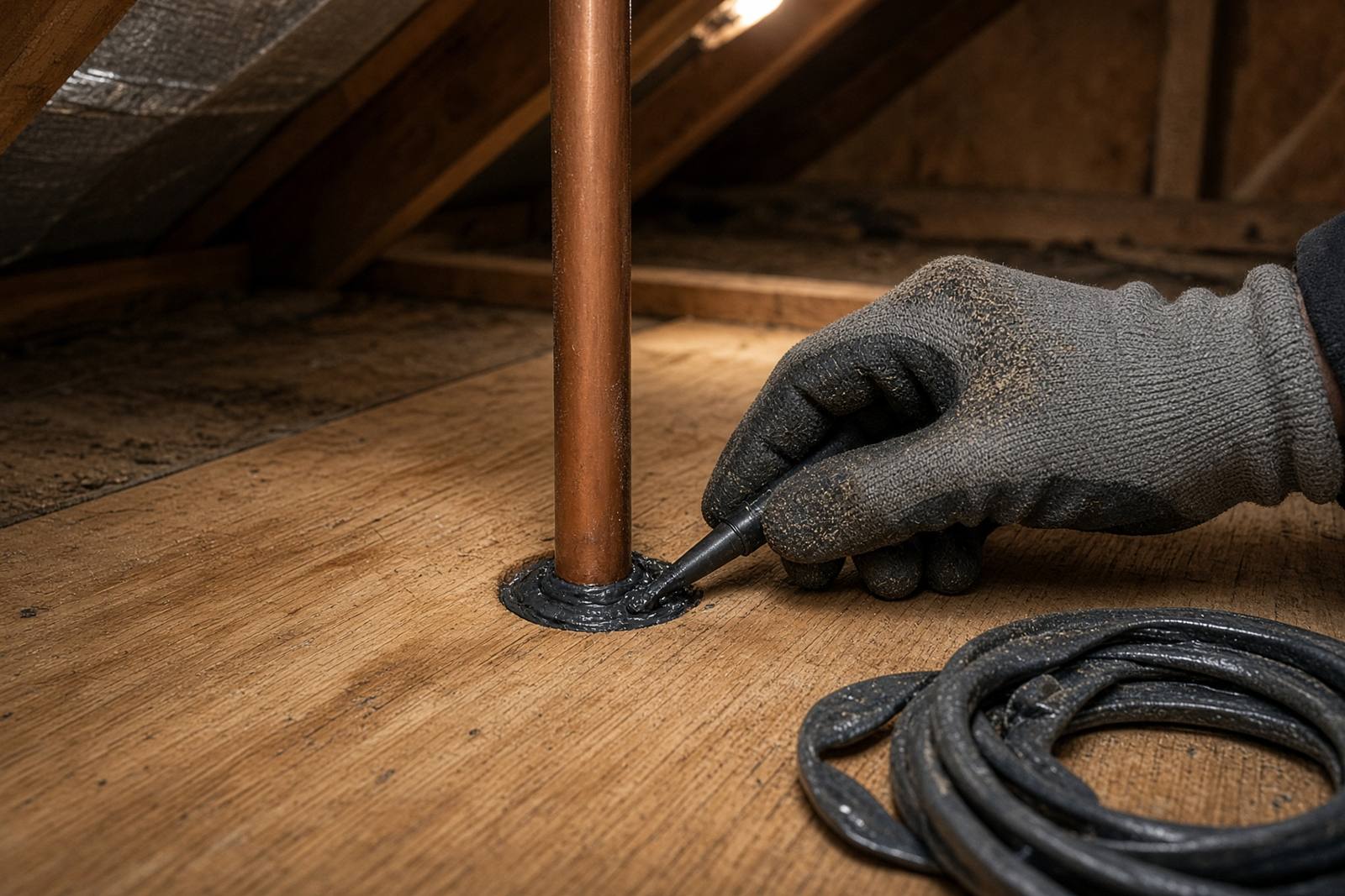 Gloved hand sealing a pipe penetration in a plywood attic floor